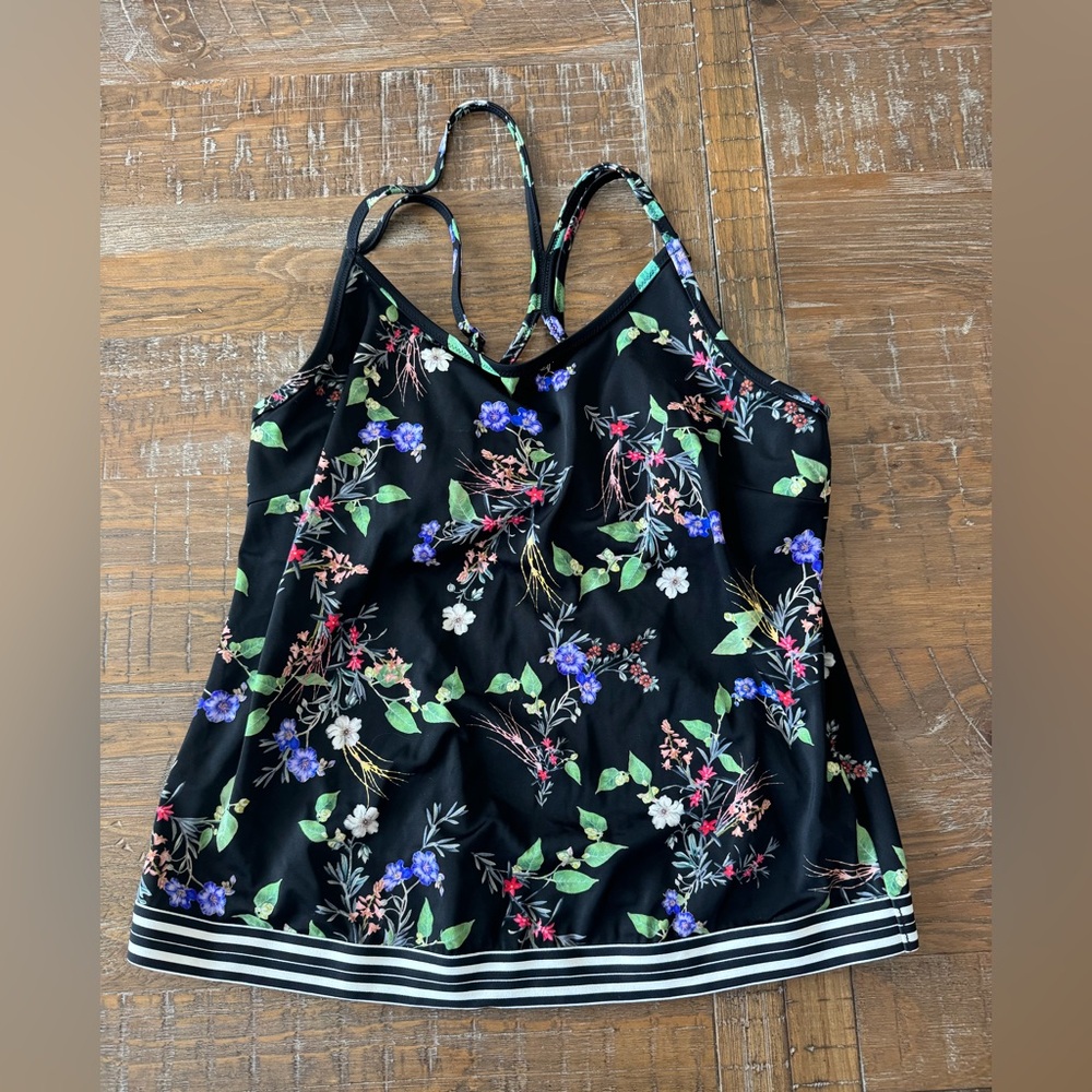 Athleta Floral Black Strappy Women's Tankini Bathing Suit Top, Size 38 D/DD